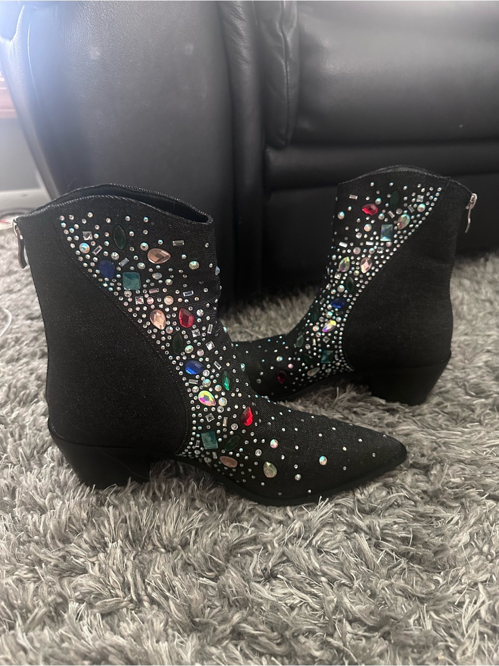 London Rag Starlit Black Denim Jewel-Studded Western Bootie - Picture 4 of 8